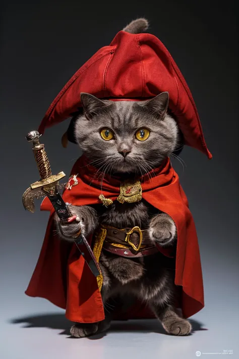 highres, 8k, absurdres, realistic, Chartreux,  (cat_human:1.3), cat, no humans, animal, weapon, animal focus, holding, standing, (sword:1.3), looking at viewer, pirate, pirate_hat, pirate costume, blurry, blurry background, cloak, cape, staff, 
<lora:Chartreux_v3-000010:0.55>