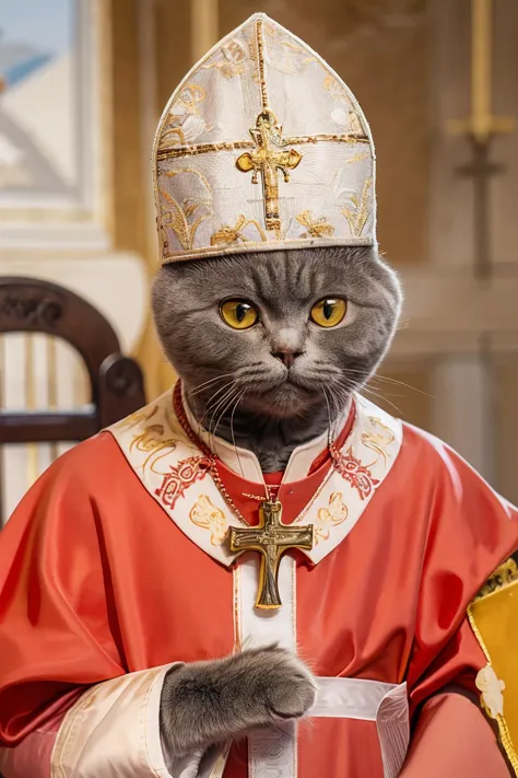 highres, 8k, absurdres, realistic, (Chartreux:1.3), (cat_human:1.3), cat, animal_focus, the Pope, Catholic , bishop of Rome, cro...