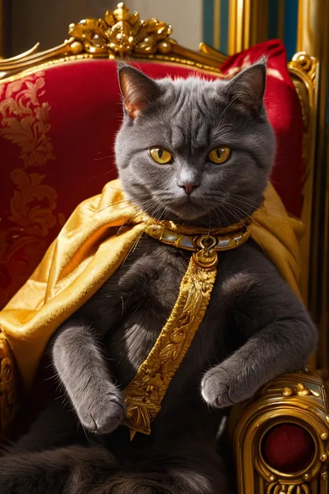 araffe sitting on a red chair with a gold scarf around its neck