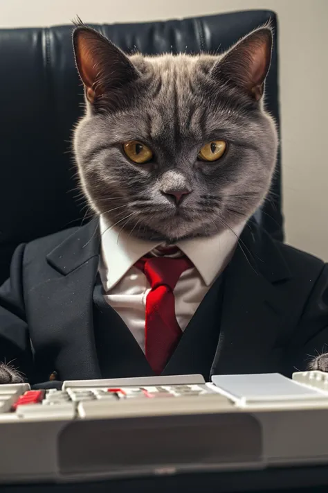 highres, 8k, absurdres, realistic, (Chartreux:1.3), (cat_human:1.3), cat, animal_focus, close up, simple background,  plain background, programmer, (black suit:1.3),  red tie, keyboard, in front of computer, looking at viewer,  nerd glasses, sitting on computer chair, sitting, office, 
<lora:Chartreux_v3-000010:0.55>