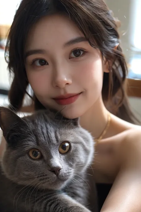 highres, 8k, absurdres, realistic, (Chartreux:1.3),  animal_focus, close up, Chartreux, 1girl, (cn_girl:1.3), cat, animal, realistic, holding animal, jewelry, earrings, blurry, looking at viewer, black hair, holding cat, blurry background, brown eyes, solo, smile, short hair, depth of field, portrait,  holding, holding cat
<lora:Chartreux_v3-000010:0.55>   , <lora:CN_Girl5-000012:0.45>