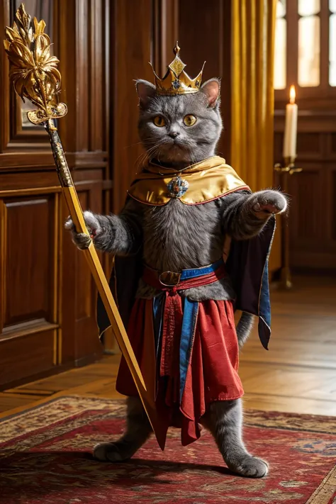 highres, 8k, absurdres, realistic, (Chartreux:1.3), (cat_human:1.3), cat, animal_focus, king, kingdom, (king crown:1.4),  standing, holding a long sword pointing at sky, war, ready for war, fierce stance, mantle, capelet, royal mantle, (medieval:1.4),  
<lora:Chartreux_v3-000010:0.55>   ,