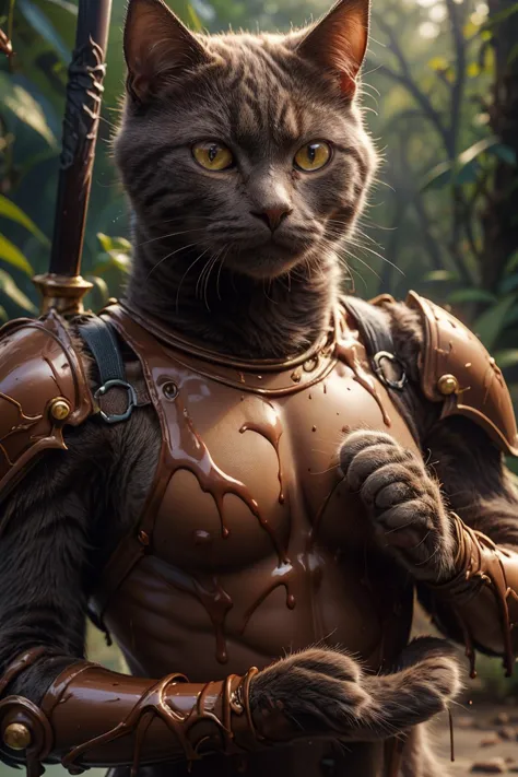 highres, 8k, absurdres, realistic, ChocolateWetStyle, (Chartreux:1.3),  (cat_human:1.55), (cat:1.4), animal_focus, outdoor, chocolate cat, chocolate armour, warrior, holding a long sword, chocolate forest, tree, ((close up)), fine fabric emphasis, 
<lora:Chartreux_v3-000010:0.35>  , <lora:ChocolateWetStyle:0.55>