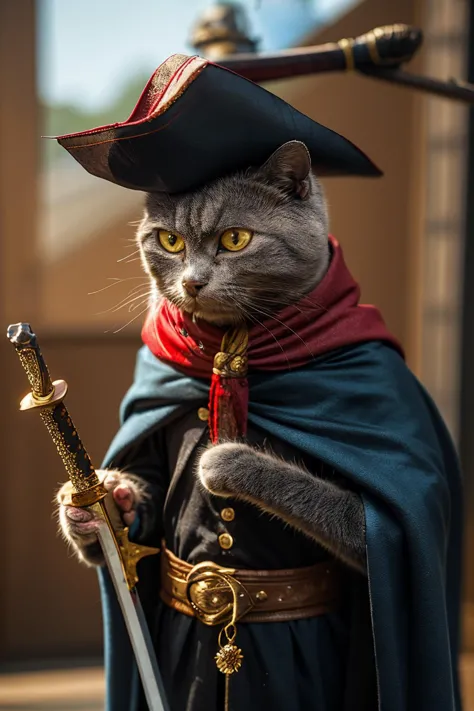 highres, 8k, absurdres, realistic, Chartreux,  (cat_human:1.3), cat, no humans, animal, weapon, animal focus, holding, standing, (sword:1.3), looking at viewer, pirate, pirate_hat, pirate costume, blurry, blurry background, cloak, cape, staff, 
<lora:Chartreux_v3-000010:0.55>