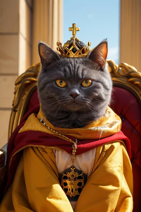 a close up of a cat wearing a crown on a chair