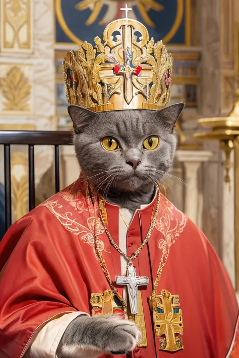 araffe cat wearing a crown and a red robe sitting in a chair