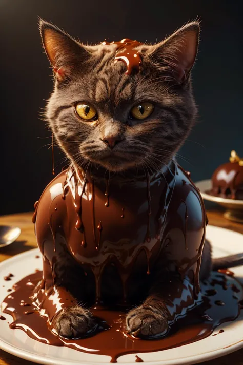 there is a cat that is sitting on a chocolate covered cake