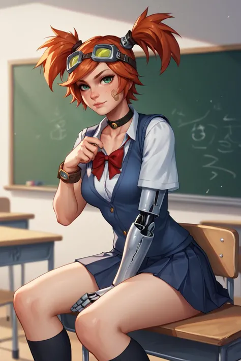 a woman sitting on a bench in a classroom with a gun