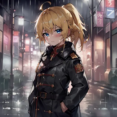 score_9, score_8_up, score_7_up,
TanyaDegurechaff, dark tunic, 1girl, solo, long hair, looking at viewer, blush,sad,cold colors,blue styled colors, bangs, blue eyes, blonde hair, long sleeves, hair between eyes, closed mouth, standing, ponytail, ahoge, sidelocks, cowboy shot, outdoors, belt, blurry, coat, wet, cross, rain, epaulettes, hand in pocket, black coat, hands in pockets, wet hair, score_9, source_anime,
 ,<lora:TanyaPonyV2:0.8> <lora:LowKeyLightsPony:0.4> LowKeyLights