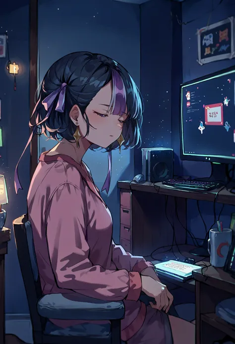 score_9, score_8_up,score_7_up, source_anime, night, LowKeyLights,indoors,
BREAK
dark room, computer, screens,
BREAK
sitting on chair, sleeping, syuen, purple eyes, black hair, streaked hair, short hair, bangs, hair ribbon, earrings, pink pajamas,mature, from side, leaning back, 
<lora:LowKeyLightsPony:0.8> <lora:kingsstyle:0.8> <lora:syuen-nikke-richy-v1_pdxl:1>