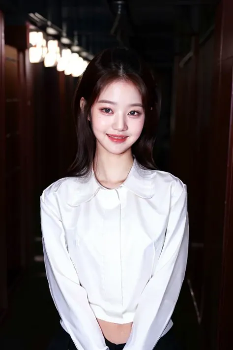 a woman in a white shirt standing in a hallway