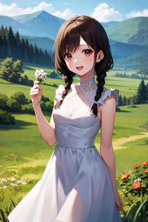 1 girl, best quality, ultra detailed, (minor:1.2), dark brown hair, twin braids, dark brown eyes, (round eyes:1.3), :d, medium breasts,from front, cowboy shot, standing,white dress,in the forest, grass, flower, mountain in the distance, sky