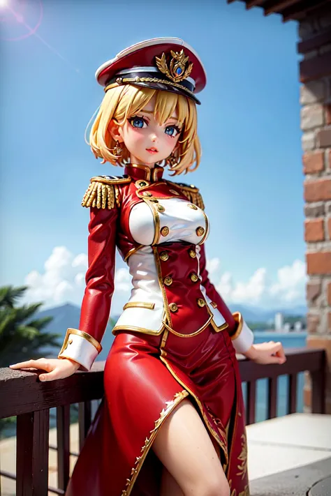 castle balcony,1girl, blonde_hair, blue_eyes, breasts, building, buttons, cloud, earrings, epaulettes, flower, hat, jewelry, letterboxed, lips, looking_at_viewer, medal, military, military_uniform, short_hair, sky, solo, uniform