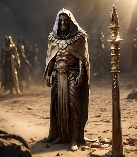 a man in a hoodedie standing next to a sword