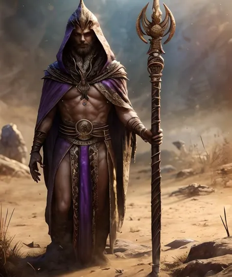 a man in a purple robe holding a large spear in a desert