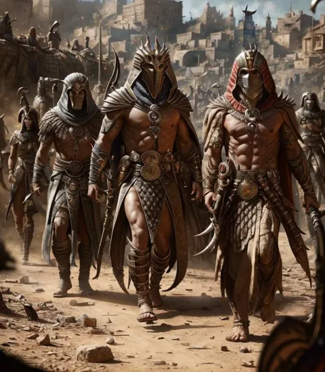 a group of men in armor walking through a desert