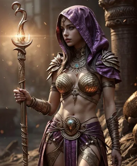 a woman in a purple outfit holding a staff and a torch