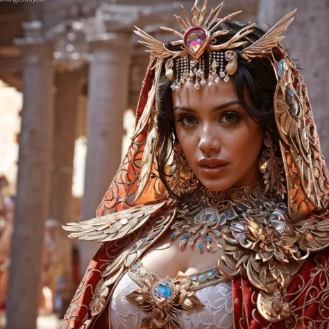 a woman in a red and gold costume with a crown on her head