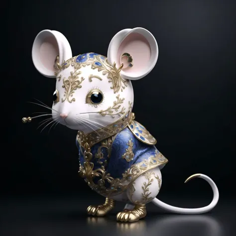 a close up of a white mouse with blue and gold decorations