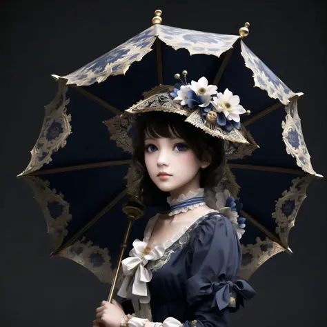<lora:porcelain_gzhel_black:1.0>, (black  porcelain, Gzhel, rococo:1.0), 

  eyes, gap, hat, long hair, parasol, ribbon, umbrell...