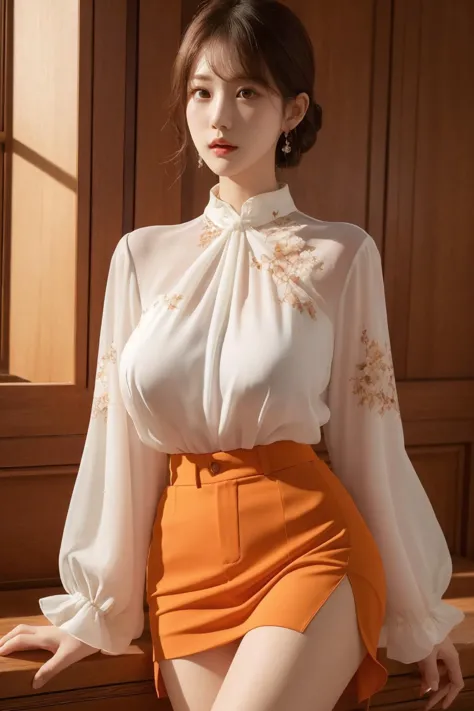 a woman in a white blouse and orange skirt posing for a picture