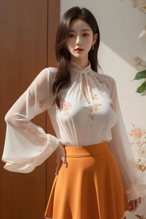 a woman in a white blouse and orange skirt posing for a picture