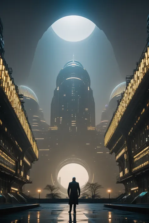 a man standing in a city at night with a giant moon in the background