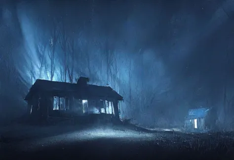 Vision of abandoned destroyed wooden cabin in the woods, creepy forest, blair witch forest, with holes in roof. Winter, volumetric blue light is coming out of the house, freezing night, shot showing roof, shot from drone, blue light in the house. BLUE LIGHT coming out from house, haunted blue volumetric lighting