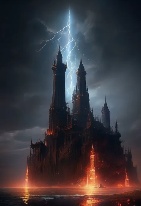 a castle with lightning in the sky and a body of water