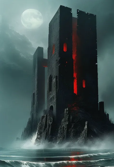 epic and detailed  digital art, grim dark epic fantasy landscape, dark very high tower, red elements, gloomy tower in the middle...