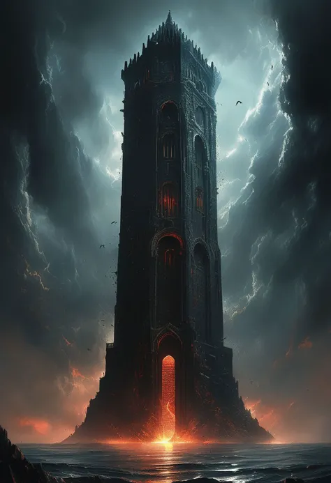 epic and detailed  digital art, grim dark epic fantasy landscape, dark very high tower, red elements, gloomy tower in the middle...