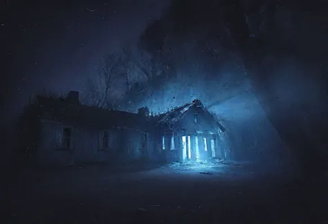 Visão de cabana de madeira destruída abandonada na floresta, floresta assustadora, Floresta da Bruxa de Blair, com buracos no telhado. inverno, luz azul volumétrica está saindo de casa, noite congelante, foto mostrando telhado, tiro de drone, luz azul na casa. LUZ AZUL saindo de casa, iluminação assombrada