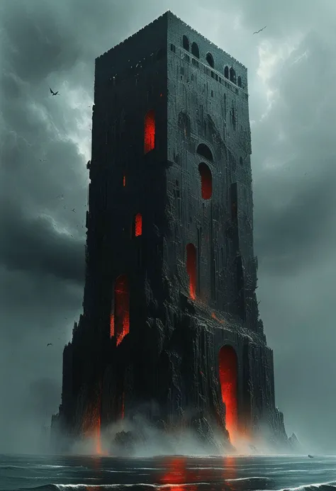 壮大で精巧なデジタルアート, 陰鬱で暗い壮大なファンタジー風景, 暗い非常に高い塔, 赤い要素, 海の嵐の真ん中にある暗い塔, カラス, 雷を伴う激しい海の嵐, 海の真ん中にある巨大な塔の周りの邪悪な魔法のオーラ, ゴシック建築, 濃い暗い色, 神秘的, 雰囲気のある, (((グレー+ 背景))), 寒色系パレット照明, 精巧に作られた, 細部への細心の注意, 最高品質, カーネ・グリフィス, レオニード・アフレモフ, クレイトン・クレイン, サイモン・ビズリー, ファンタジー美学, 壮大な映画の構成, アートステーションでトレンド, 3D, 4 後処理, 暗黒ファンタジーアート 夢のような, 輝くネオンの輝き, バックライト, グラマー, 影, 滑らかさ, 超高解像度, 8K, アンリアルエンジン5, 超シャープフォーカス, 複雑な傑作アート, 黄金比, アートステーションで人気, 非常に詳細, 輝かしい傑作, 最高品質, 超詳細, 超詳細, 超高解像度, 8K, アンリアルエンジン5, 超シャープフォーカス, 複雑な傑作アート, 黄金比, アートステーションで人気
