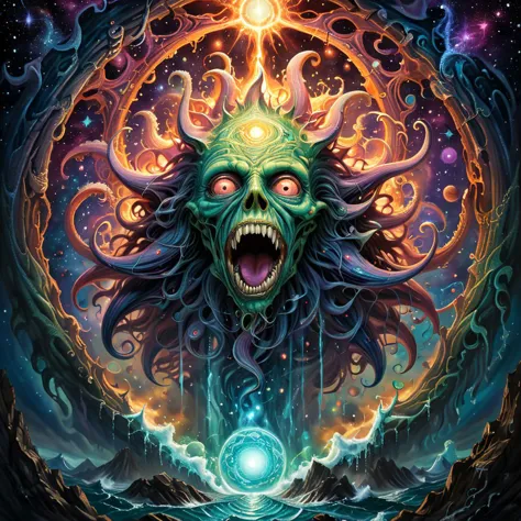 a painting of a demonic creature with a glowing head and a glowing orb