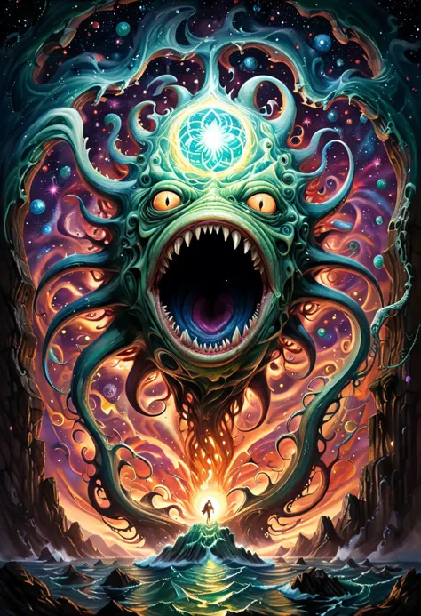 Lovecraftian Horror,famous artwork by (victoria francs:1.3) and (lars grant-west:1.2) and Alex Gray, detailed expressive eyes, fantasy style, the segmented gluglodder, a truly mysterious creature, with shmarfeling scales that change colors as it skriffles, here it is shown emerging from a magical portal amidst the swirling starlit made in abyss and ethereal warbletwirl of planet nebuchanezzer,
poster art, bold lines, expressive drawing, award winning,(intricate details, masterpiece, best quality:1.4)
looking at viewer,dynamic pose, wide angle view
<lora:add-detail-xl:1>,<lora:xl_more_art-full_v1:0.5>