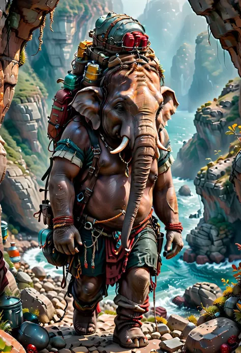 (Full Body Shot), In the style of Giuseppe Arcimboldo, award-winning masterpiece, chiaroscuro, rim lighting, dappled light, god rays, in a misty coniferous forest, foggy, an (anthro elephant:1.7) (walking precariously near a cliffside:1.4) carrying on his back (a cumbersome over filled backpack the size of a whale) with a keg of ale on top, (tons of adventuring gear, rope, pots and pans:1.1), thick strong legs, dressed in ancient detailed leather, light is casting shadows on the rocks of the cliff that look like demons, aquamarine and oxblood red and rust brown, golden yellow, bokeh, depth of field, rim lighting, ultra detailed, 8k, uhd, Magic, Cinematic Photo, anthro elephant, perfect human hands, (Amber cat eyes)