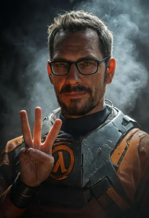 Showing three finger, belomo_kodak_gold, three-finger, mystic haze, dusty atmosphere, closeup, photorealistic, amazing quality, masterpiece, best quality, hyper detailed, ultra detailed, UHD, perfect anatomy, portrait, dof, hyper-realism, majestic, awesome, inspiring, CloseUp Portrait of a Real gordon freeman showing three finger, one Hand Up, charming but tired Smile, skin Details, very detailed skin and scar, old skin, Epic beard, Closeup, looking at Viewer,  atmospheric haze, mystic Haze, veiled in shadows in an dark alley, steaming drain backdrop, cinematic composition, soft shadows, very detailed, hd, RAW photograph, masterpiece, top quality, best quality,