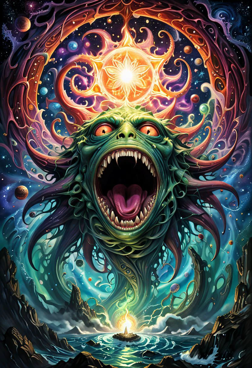 Lovecraftian Horror,famous artwork by (victoria francs:1.3) and (lars grant-west:1.2) and Alex Gray, detailed expressive eyes, fantasy style, the segmented gluglodder, a truly mysterious creature, with shmarfeling scales that change colors as it skriffles, here it is shown emerging from a magical portal amidst the swirling starlit made in abyss and ethereal warbletwirl of planet nebuchanezzer,
poster art, bold lines, expressive drawing, award winning,(intricate details, masterpiece, best quality:1.4)
looking at viewer,dynamic pose, wide angle view
