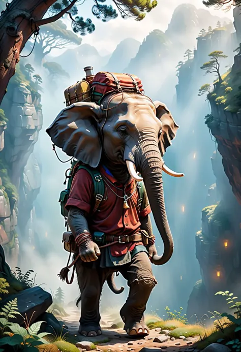 (Full Body Shot), In the style of Giuseppe Arcimboldo, award-winning masterpiece, chiaroscuro, rim lighting, dappled light, god rays, in a misty coniferous forest, foggy, an (anthro elephant:1.7) (walking precariously near a cliffside:1.4) carrying on his back (a cumbersome over filled backpack the size of a whale) with a keg of ale on top, (tons of adventuring gear, rope, pots and pans:1.1), thick strong legs, dressed in ancient detailed leather, light is casting shadows on the rocks of the cliff that look like demons, aquamarine and oxblood red and rust brown, golden yellow, bokeh, depth of field, rim lighting, ultra detailed, 8k, uhd, Magic, Cinematic Photo, anthro elephant, perfect human hands