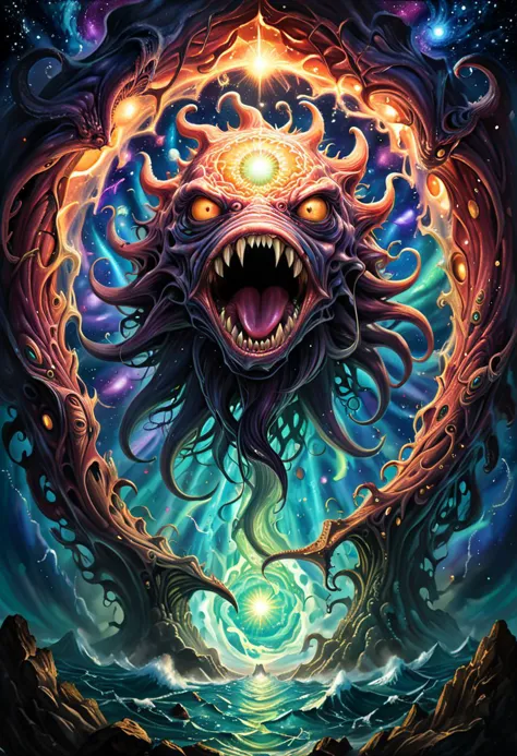 a painting of a giant monster with glowing eyes and a glowing head