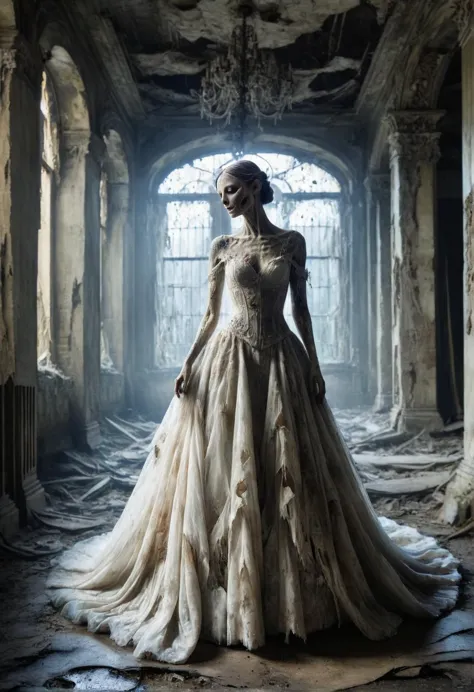 a woman in a long dress standing in a room with a chandelier