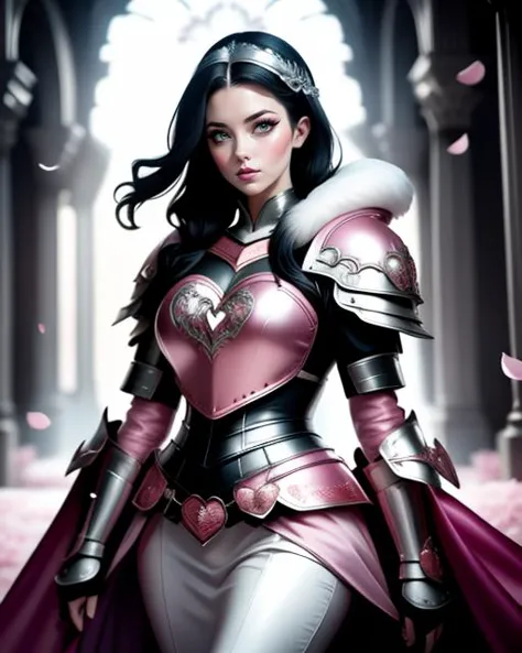 a woman in armor with a pink cape and a white dress