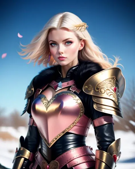 a close up of a woman in armor with a heart on her chest