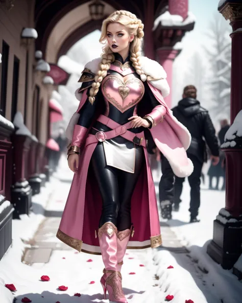 a woman in a pink and white outfit is walking down a snowy street