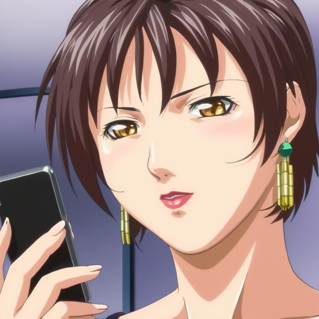 Anime girl with short brown hair holding a cell phone - SeaArt AI