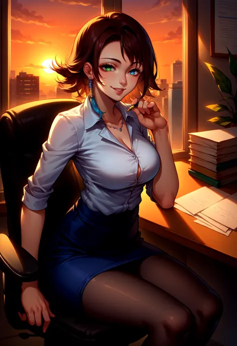 score_9, score_8_up, source_anime, 1girl, <lora:YunaX_XLPD:1>, YunaX, heterochromia, green eyes, blue eyes, office lady, office, office chair, window, sunset, pencil skirt, black pantyhose, shirt, sitting, seductive smile,