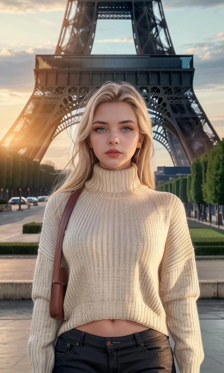 allabentley2023, looking at viewer, 1girl, 8k, uhd, professional photograph, best quality, masterpiece, photorealistic, raw image, perspective, 5 fingers, depth of field, skin pores, detailed skin, detailed eyes, black turtleneck sweater, Kadak photo, sharp focus, standing outside of Eifel tower