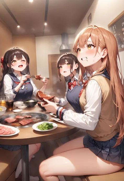 anime girls sitting at a table eating food and drinking wine