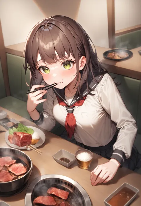 1girl, <lora:sdxl2-flat2-512b:-1>,medium breasts,school uniform,
<lora:yakiniku_XL_v1:0.9>,yakiniku,food, solo, bowl, holding chopsticks, rice, table, meat, plate, indoors, sitting, restaurant, vegetable, eating, salad,
ceiling, upper body, looking up, anguish, closed mouth,
masterpiece, best quality, very aesthetic, absurdres