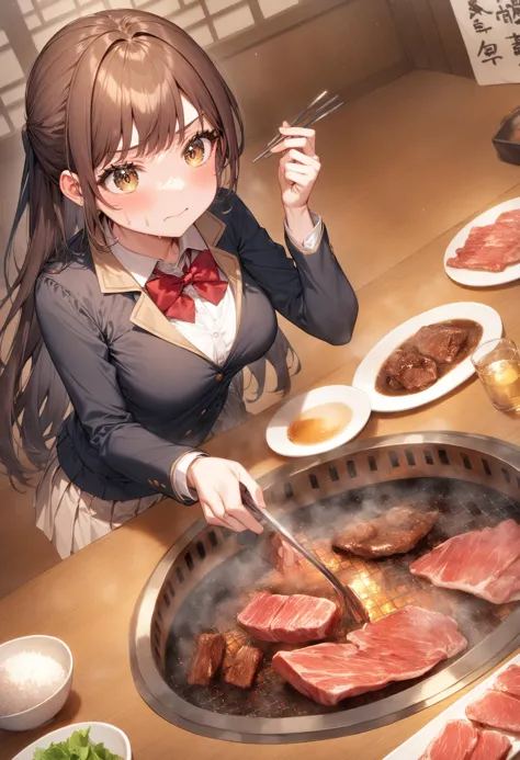 1girl, <lora:sdxl2-flat2-512b:-1>,medium breasts,school uniform,
<lora:yakiniku_XL_v1:0.9>,yakiniku, rice, meat, salad,
from behind, cinematic angle, looking away, water eye, closed mouth,
masterpiece, best quality, very aesthetic, absurdres